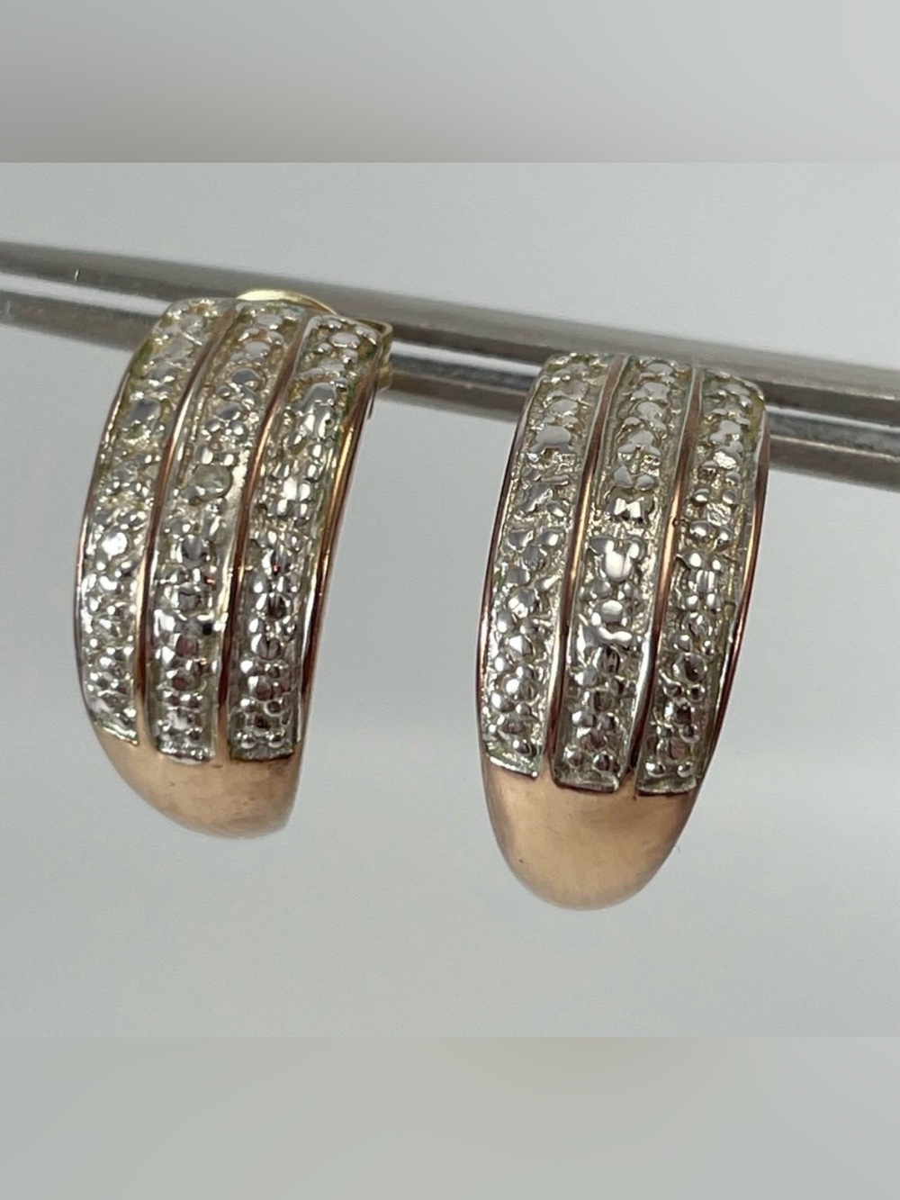 925 Sterling Silver Single Small Diamond Half Hoop Earrings Vintage Gold Tone